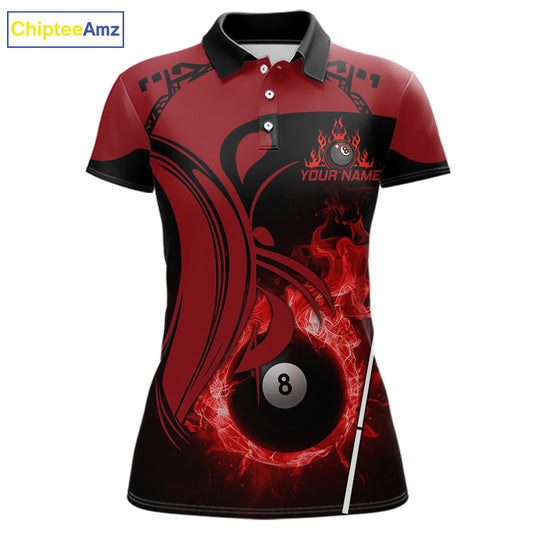 Personalized Red 8 Ball Fire Flame Billiard Shirt For Women, Pool Team Jersey Polo & 1/4 Zip TDM5976