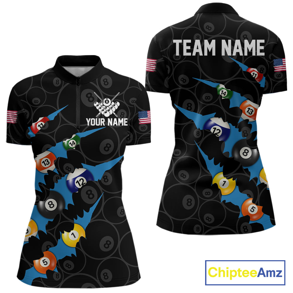 Custom Blue 8 Ball Pool Scratch Billiard Shirt For Women, Black Billiard Team Jersey Polo & 1/4 Zip TDM6436