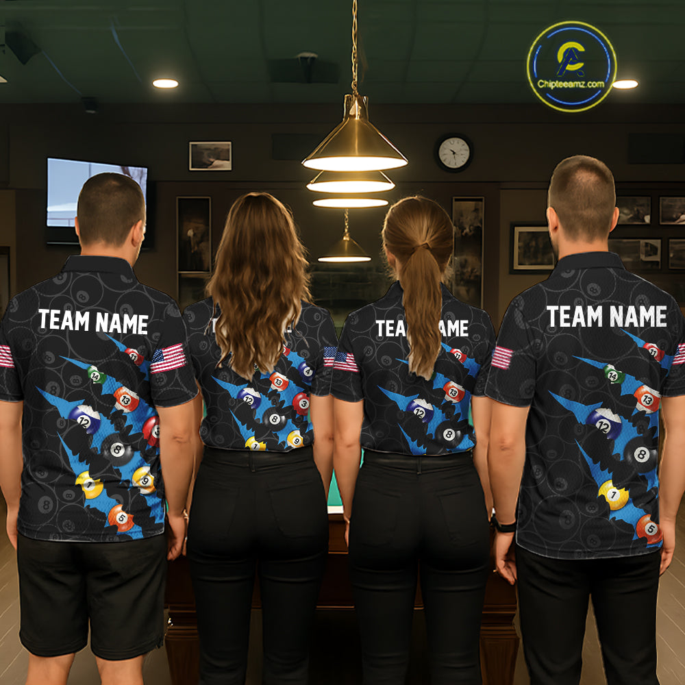 Custom Blue 8 Ball Pool Scratch Billiard Shirt For Women, Black Billiard Team Jersey Polo & 1/4 Zip TDM6436