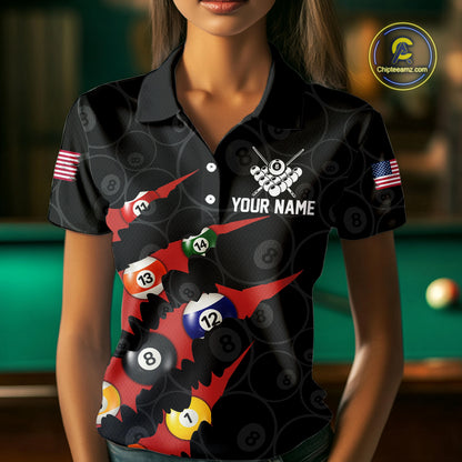 Custom Red 8 Ball Pool Scratch Billiard Shirt For Women, Black Billiard Team Jersey Polo & 1/4 Zip TDM6437
