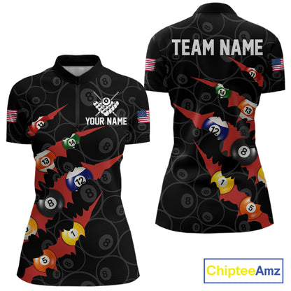 Custom Red 8 Ball Pool Scratch Billiard Shirt For Women, Black Billiard Team Jersey Polo & 1/4 Zip TDM6437