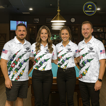Custom Green 8 Ball Pool Scratch Billiard Shirt For Women, White Billiard Team Jersey Polo & 1/4 Zip TDM6440
