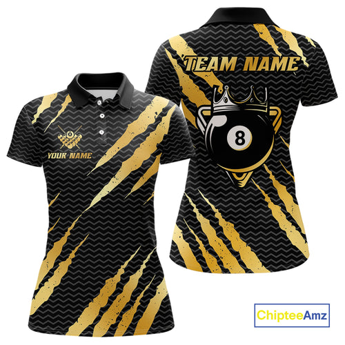 Black And Gold Scratch Billiard Shirts For Women Custom 8 Ball Crown Pool Team Jersey Polo & 1/4 Zip TDM4095
