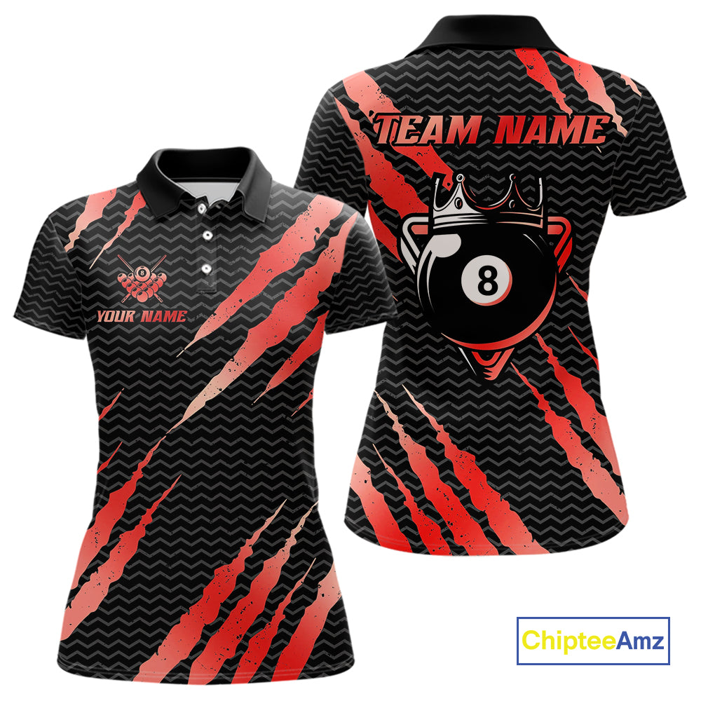 Black And Red Scratch Billiard Shirts For Women Custom 8 Ball Crown Pool Team Jersey Polo & 1/4 Zip TDM4096