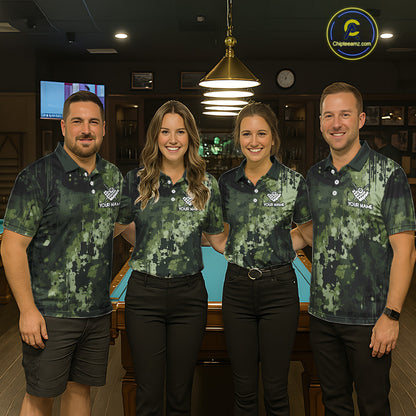 Pool team wearing matching green camo billiard jerseys together during league play front view.