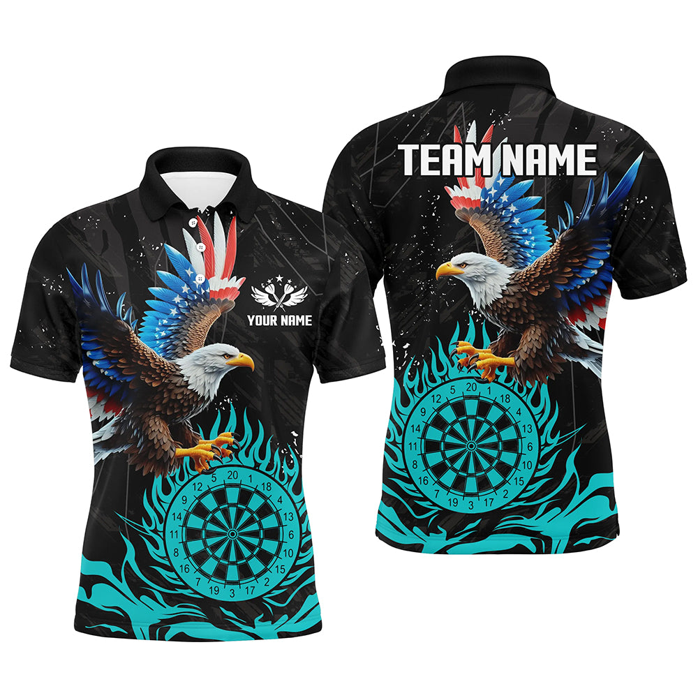 Personalized 3D Eagle American Flag Patriotic Darts Shirts For Men Custom Flame Darts Jerseys |Cyan TDM2393