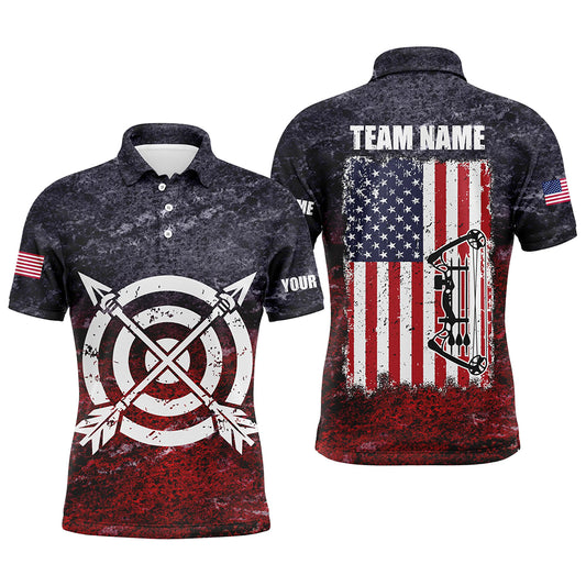 Personalized Retro USA Flag Men Archery Polo Shirts, Patriotic US Archery Jerseys For Team Archer TDM1022