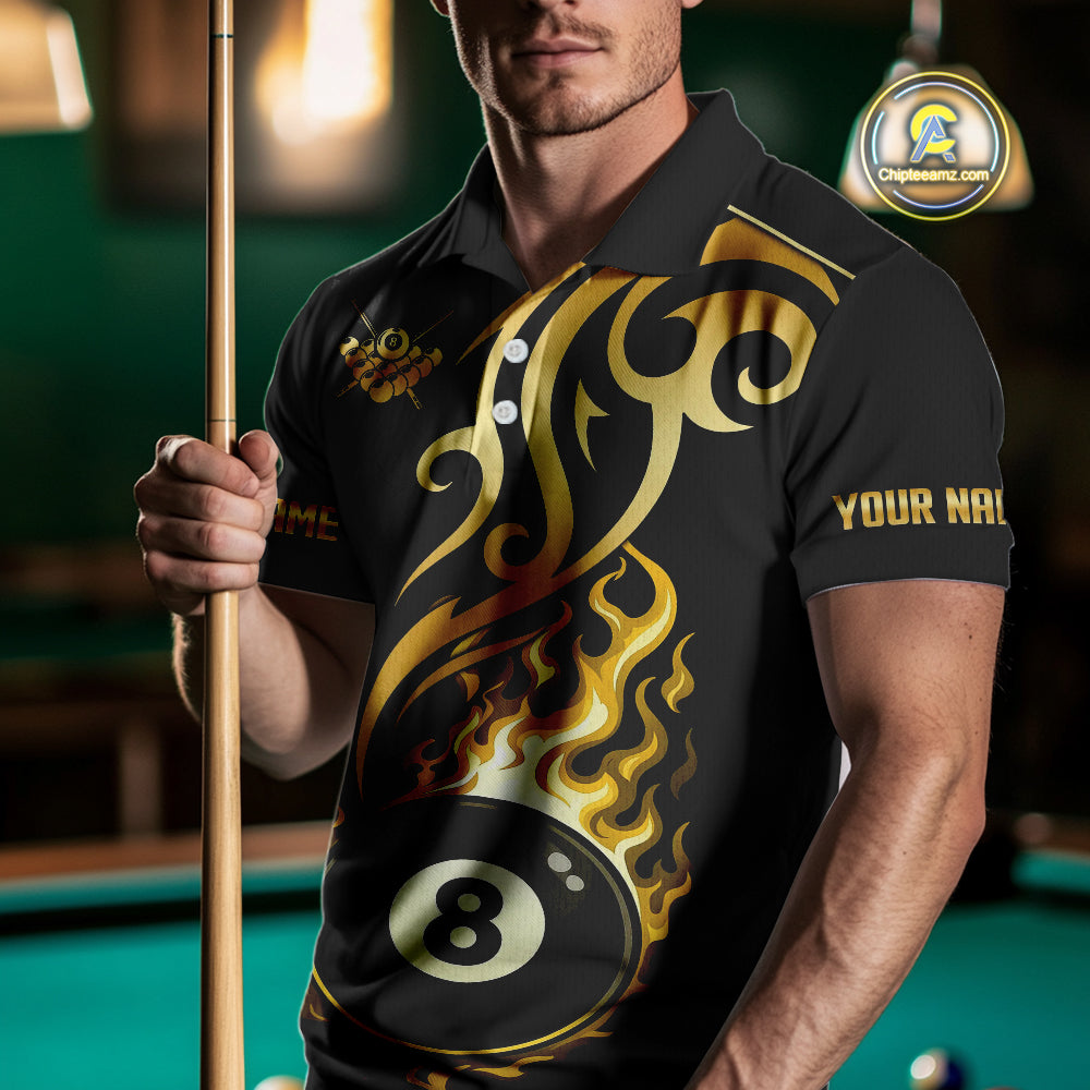 Black And Gold Flame 8 Ball Pool Shirt For Men Custom Dragon Billiards Team Jersey Polo & 1/4 Zip TDM4103