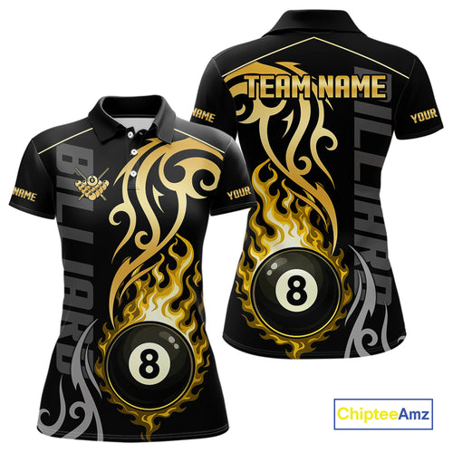 Black And Gold Tribal Flame 8 Ball Pool Billiards Shirts For Women Custom Pool Team Jerseys TDM4102