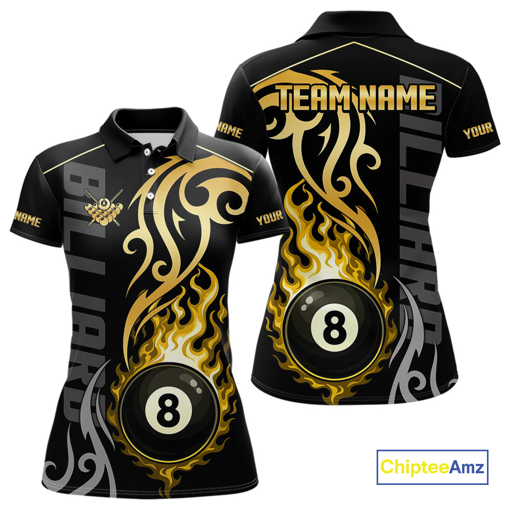 Black And Gold Tribal Flame 8 Ball Pool Billiards Shirts For Women Custom Pool Team Jerseys TDM4102