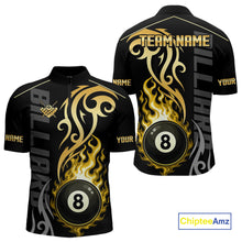 Load image into Gallery viewer, Black And Gold Tribal Flame 8 Ball Pool Billiards Shirts For Men Custom Pool Team Jerseys TDM4102