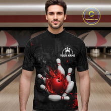 Load image into Gallery viewer, Man wearing black and red grunge fire bowling quarter zip shirt front view.