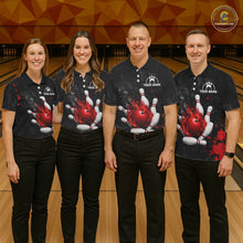 Load image into Gallery viewer, Bowling team wearing matching black and red grunge fire jerseys front view.