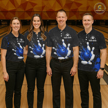 Load image into Gallery viewer, Bowling team wearing matching black and blue grunge fire jerseys front view.
