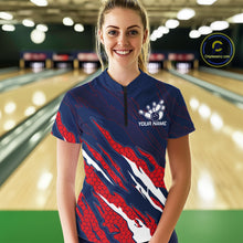 Load image into Gallery viewer, Woman wearing blue and red US flag bowling quarter zip shirt front view.