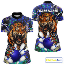 Load image into Gallery viewer, Blue graffiti tiger bowling quarter zip shirt for women, custom bowling league jersey.