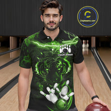 Load image into Gallery viewer, Man wearing green thunder lightning tiger bowling polo shirt front view.