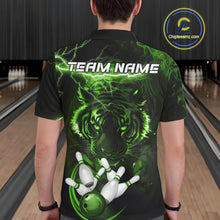 Load image into Gallery viewer, Man wearing green thunder lightning tiger bowling polo shirt back view.