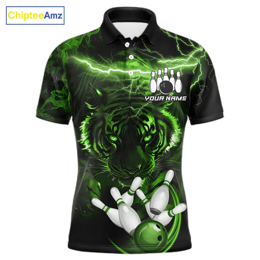 Green thunder lightning tiger bowling polo shirt for men, custom bowling team jersey.