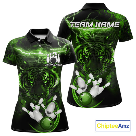 Green thunder lightning tiger bowling team polo shirt for women with tiger graphic design.