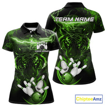 Load image into Gallery viewer, Green thunder lightning tiger bowling team polo shirt for women with tiger graphic design.