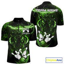 Load image into Gallery viewer, Green thunder lightning tiger bowling quarter zip shirt for men, custom league jersey.