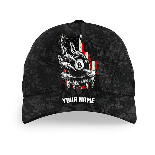Funny Claw Tearing US Flag Custom Name Black Billiard Caps, 8 Ball Pool Billiard Hats Gifts TDM2134