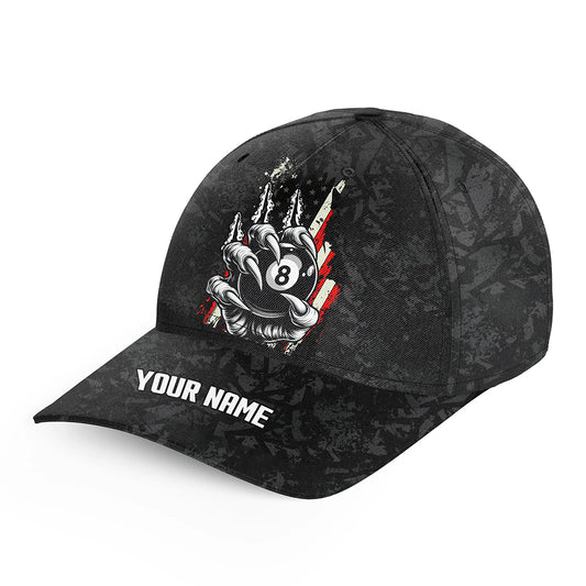Funny Claw Tearing US Flag Custom Name Black Billiard Caps, 8 Ball Pool Billiard Hats Gifts TDM2134