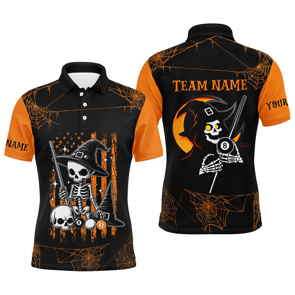 Funny Skeleton US Flag Billiard Halloween Shirts For Men Custom Black Orange Billiard Jerseys TDM2407
