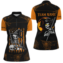 Load image into Gallery viewer, Funny Skeleton US Flag Billiard Halloween Shirts For Women Custom Black Orange Billiard Jerseys TDM2407