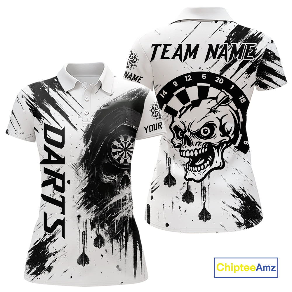 Personalized White Black Grunge Skull Darts Shirt For Women Custom Funny Darts Team Jersey Outfit TDM4908