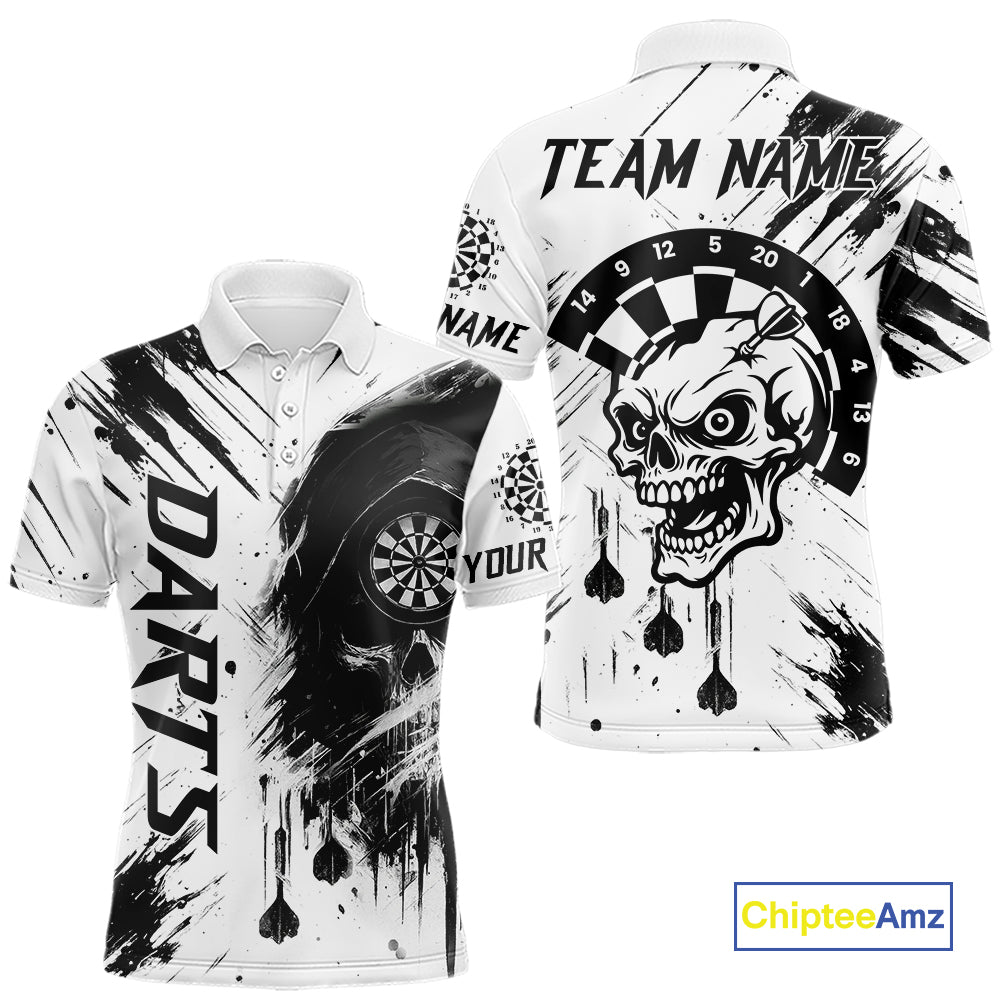 Personalized White Black Grunge Skull Darts Shirt For Men Custom Funny Darts Team Jersey Outfit TDM4908