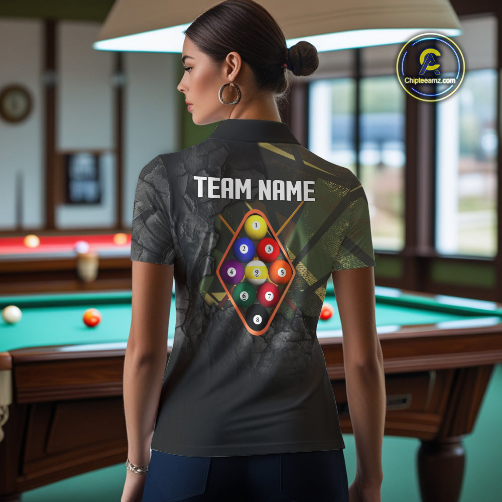 Personalized 9 Ball Pool Shirt For Women Custom Black And Military Green Billiard Team Jersey TDM5136