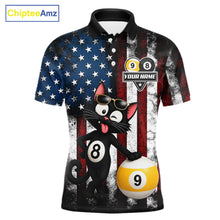 Load image into Gallery viewer, Men’s funny cat 8 ball pool polo shirt with American flag billiard graphics and playful style.