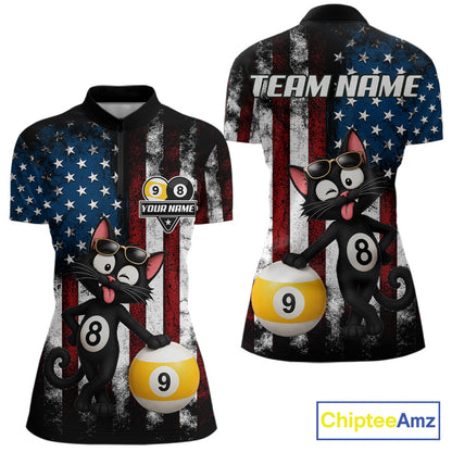 Women’s funny cat 8 ball billiard quarter zip shirt for tournaments and casual pool matches.