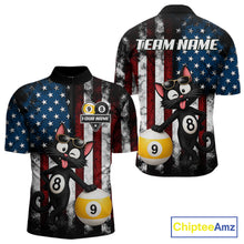 Load image into Gallery viewer, Men’s funny cat 8 ball billiard quarter zip shirt for tournaments and casual pool matches.