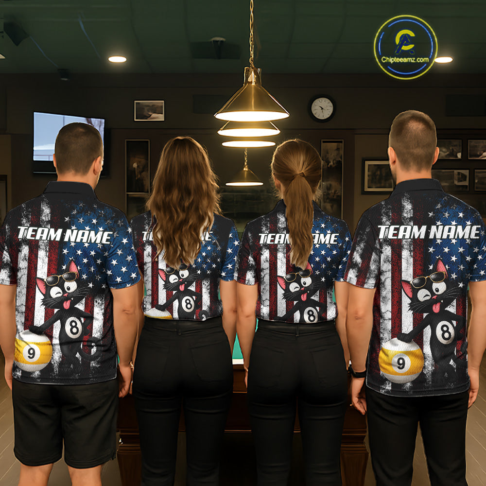 Back view of pool players wearing funny cat billiard shirts in a game room.