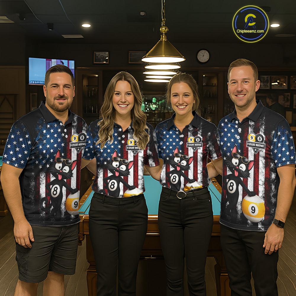 Pool team wearing matching funny cat billiard jerseys during league play front view.