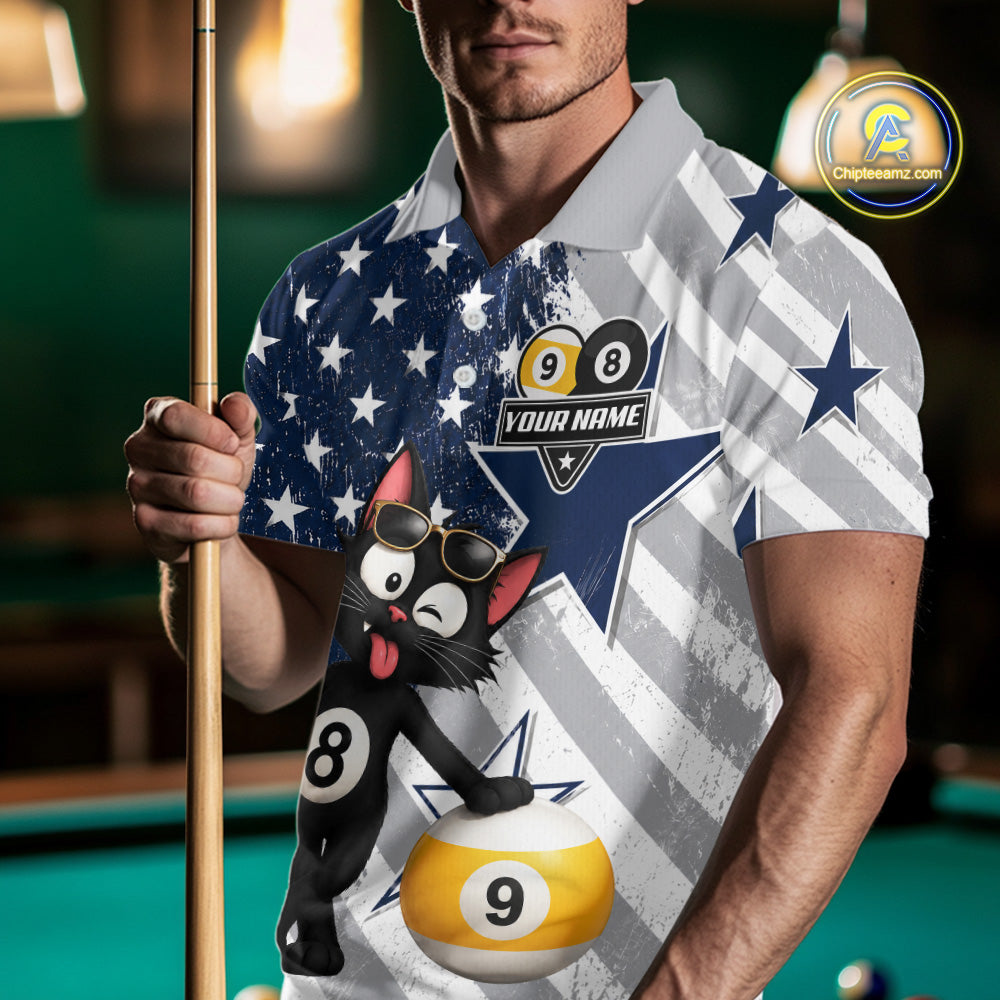 Man wearing a funny cat billiard jersey beside a pool table front view.
