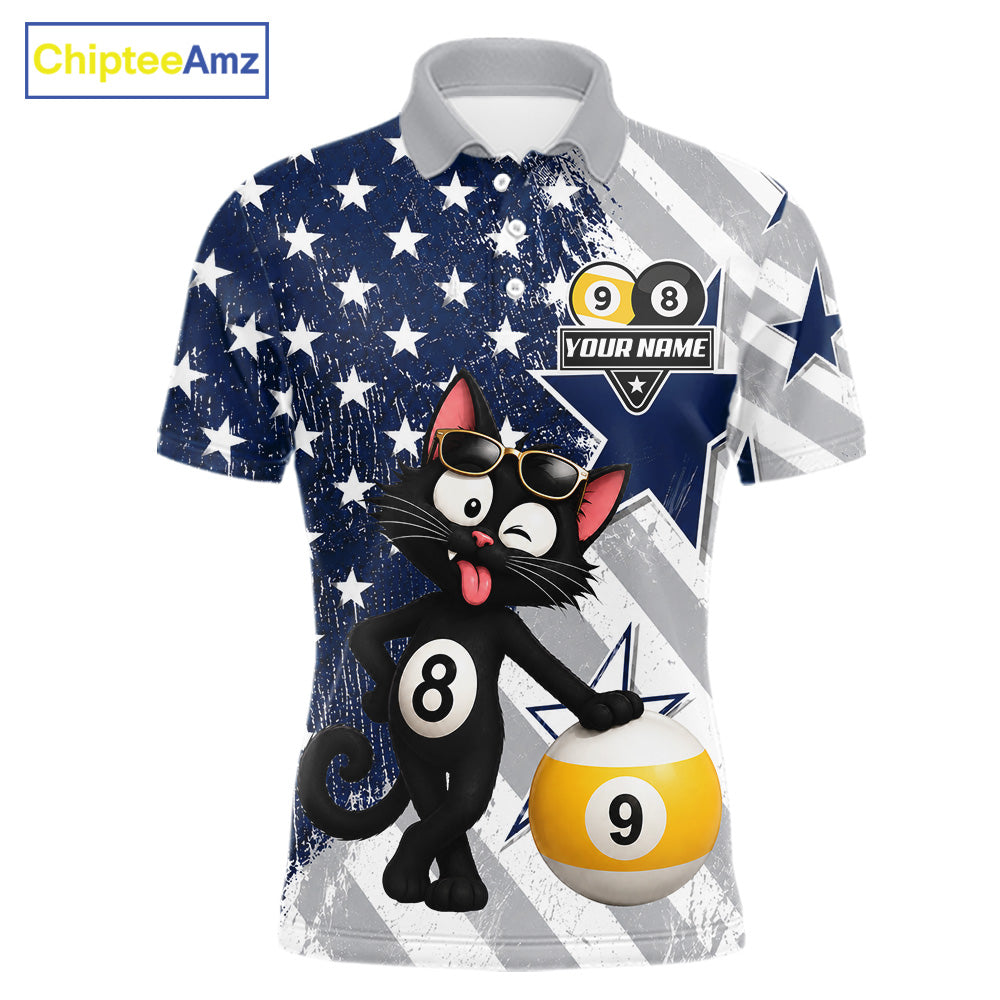 Men’s funny cat 8 ball and 9 ball pool polo shirt with patriotic US flag billiard graphics.
