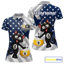 Load image into Gallery viewer, Women’s funny cat 8 ball and 9 ball pool polo shirt with patriotic US flag billiard graphics.