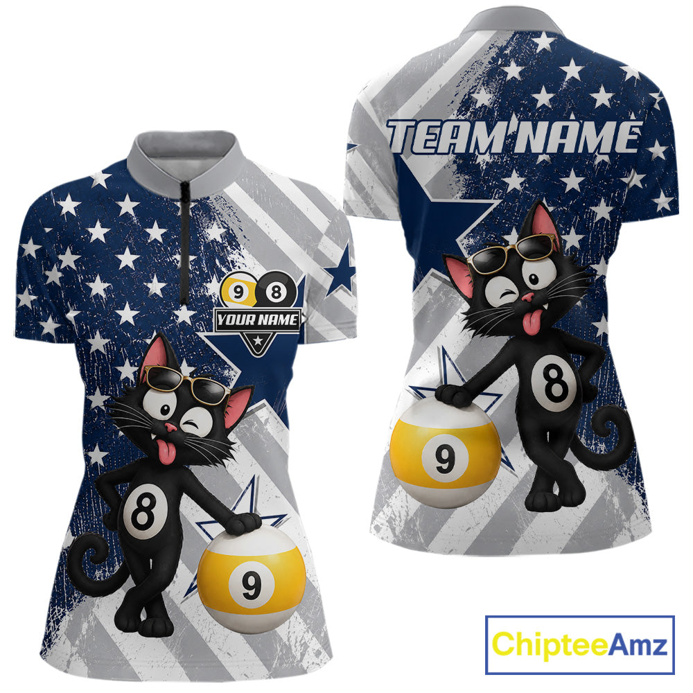 Women’s funny cat billiard quarter zip shirt with 8 ball and 9 ball artwork for league play.