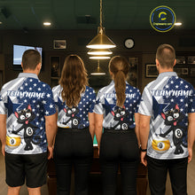 Load image into Gallery viewer, Back view of pool players wearing funny cat billiard shirts in a game room.