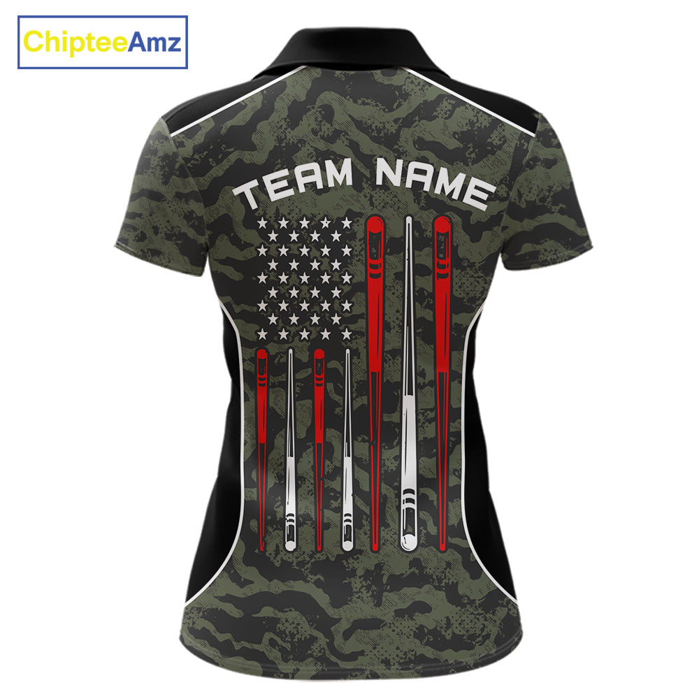 Women’s forest camo 8 ball pool polo shirt with patriotic American flag billiard graphics.