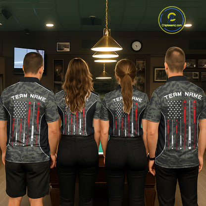 Pool team wearing matching forest camo billiard jerseys during tournament play front view.