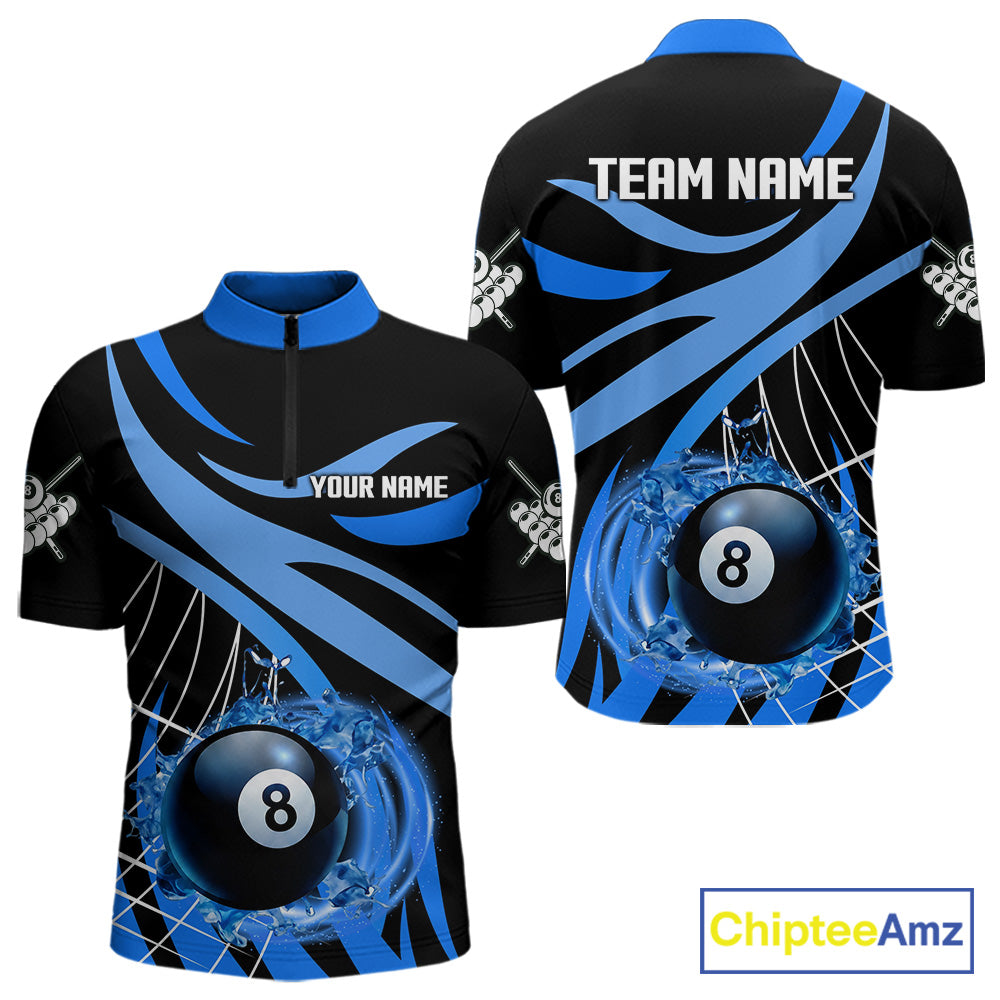 Men’s blue flame 8 ball billiard quarter zip shirt for tournaments and team matches.