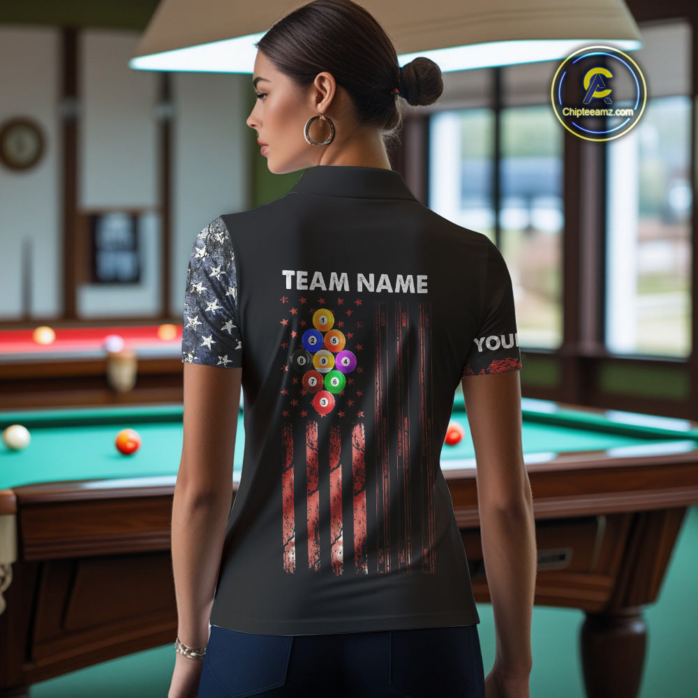 Retro Grunge American Flag 9 Ball Pool Billiard Shirt For Women Custom Patriotic Billiard Team Jersey TDM4474