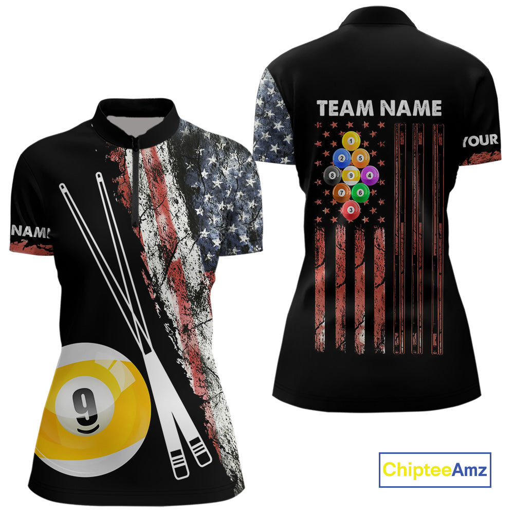Retro Grunge American Flag 9 Ball Pool Billiard Shirt For Women Custom Patriotic Billiard Team Jersey TDM4474