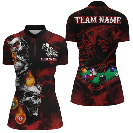 Personalized Red Smoke Skull Billiard Shirts For Women Custom Grim Reaper Billiard Jerseys TDM3364