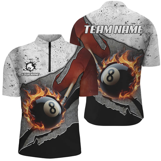 Personalized Grey Grunge Fire 8 Ball Pool  Billiard Men Shirts Custom Pool Player Shirts TDM1567